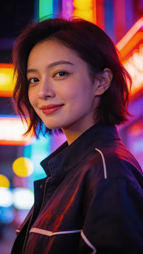 East Asian woman under neon lights for bold Instagram photoshoot