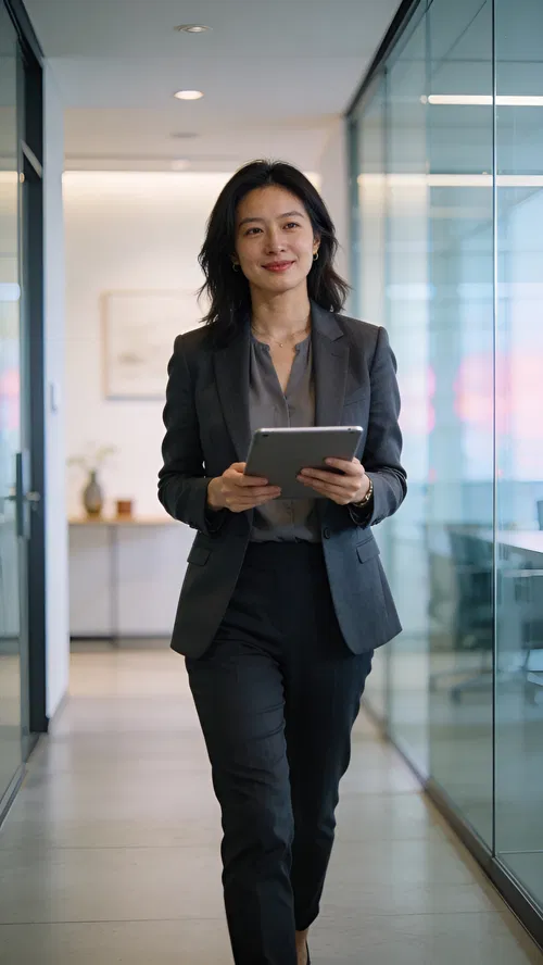 East Asian woman walking in office hallway for branding photos
