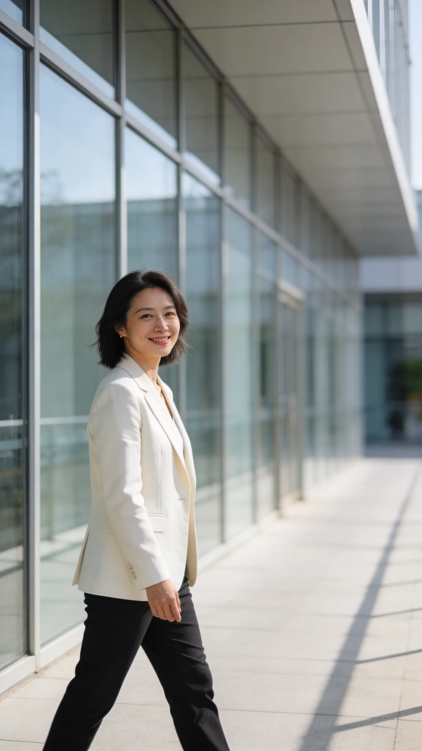 East Asian woman walking near office building for modern LinkedIn headshot