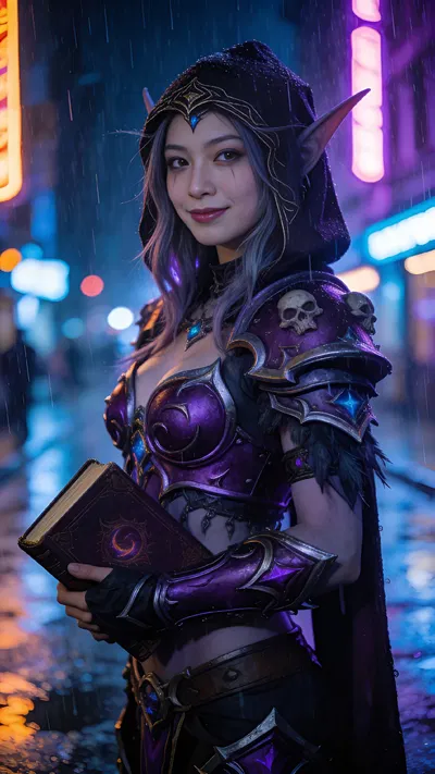 East Asian woman warlock cosplay in neon night street, half-body portrait.