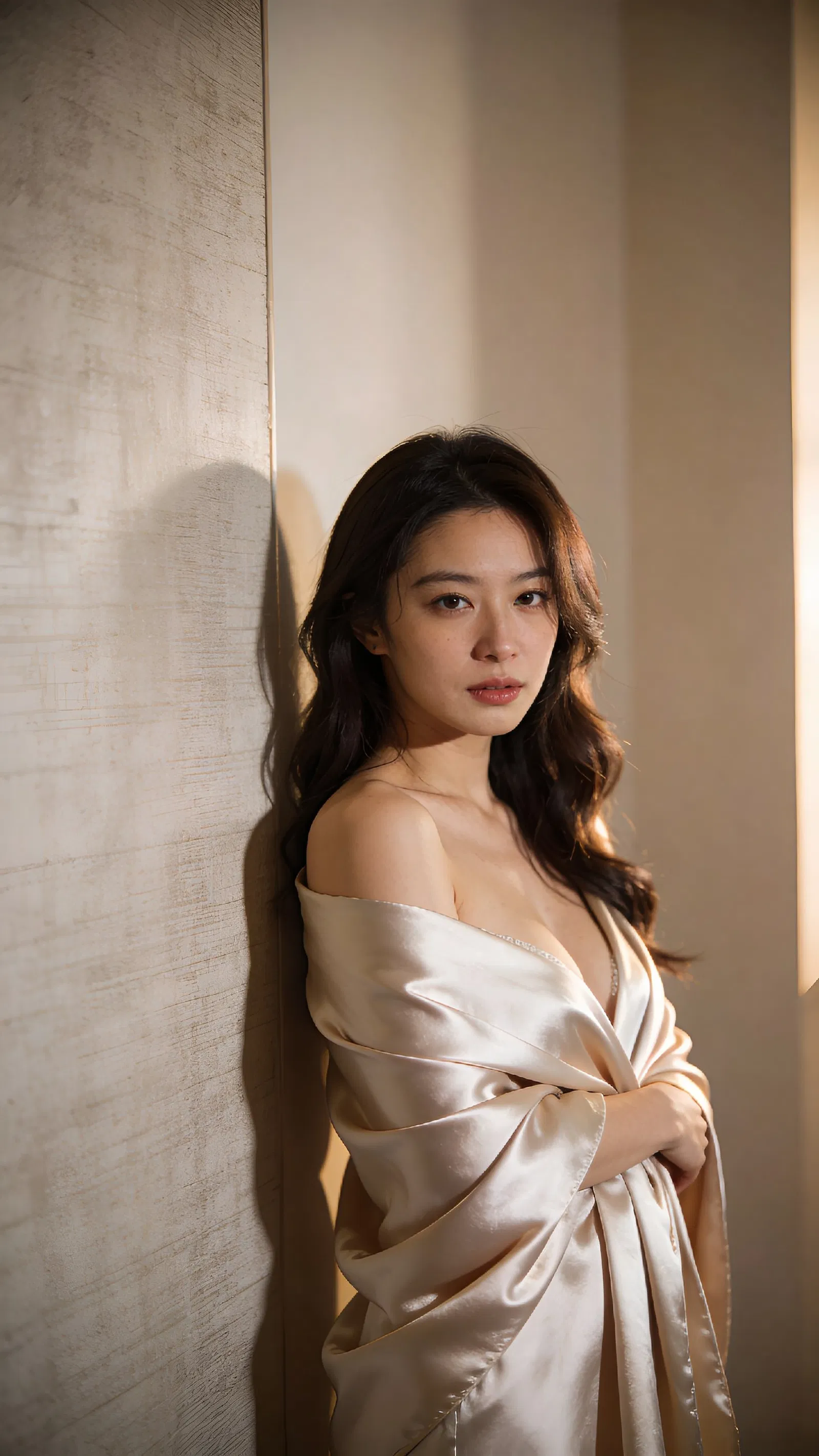 East Asian woman with satin shawl, minimalist studio boudoir portrait