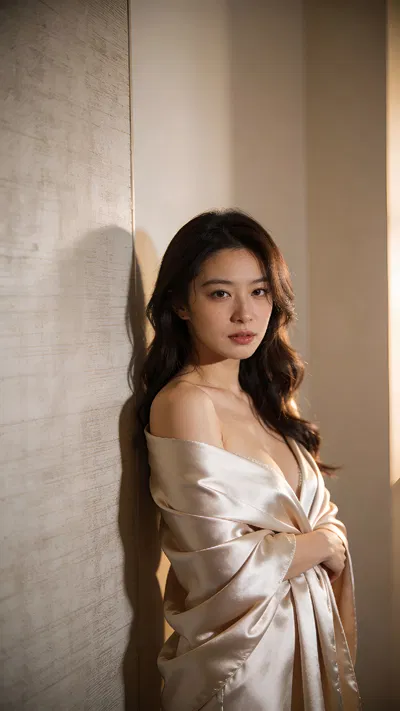 East Asian woman with satin shawl, minimalist studio boudoir portrait