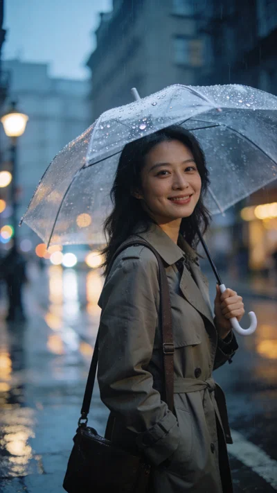 East Asian woman with umbrella on rainy street, cinematic travel portrait.