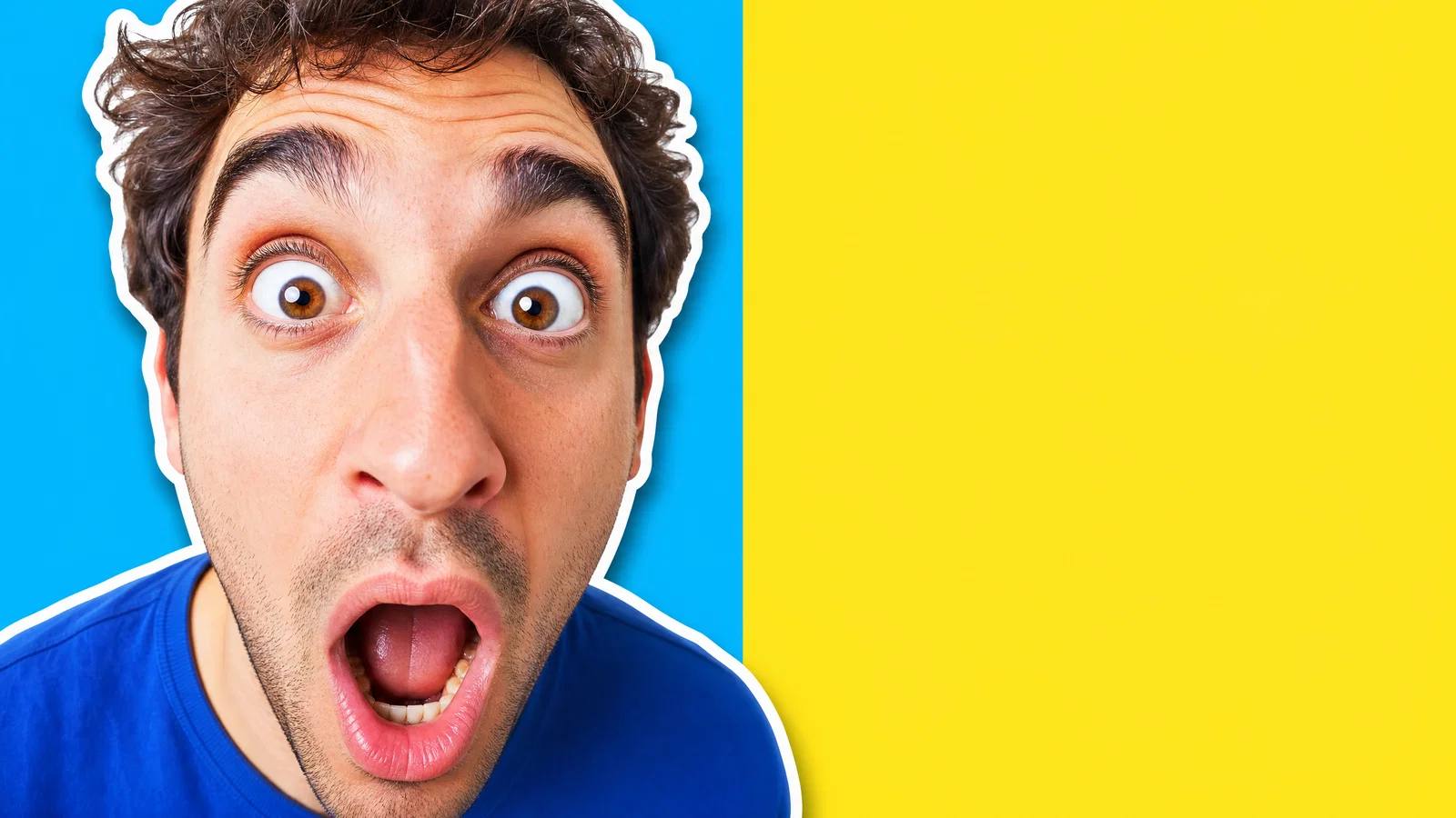 Exaggerated reaction face on a two-color background with large empty space for headline text