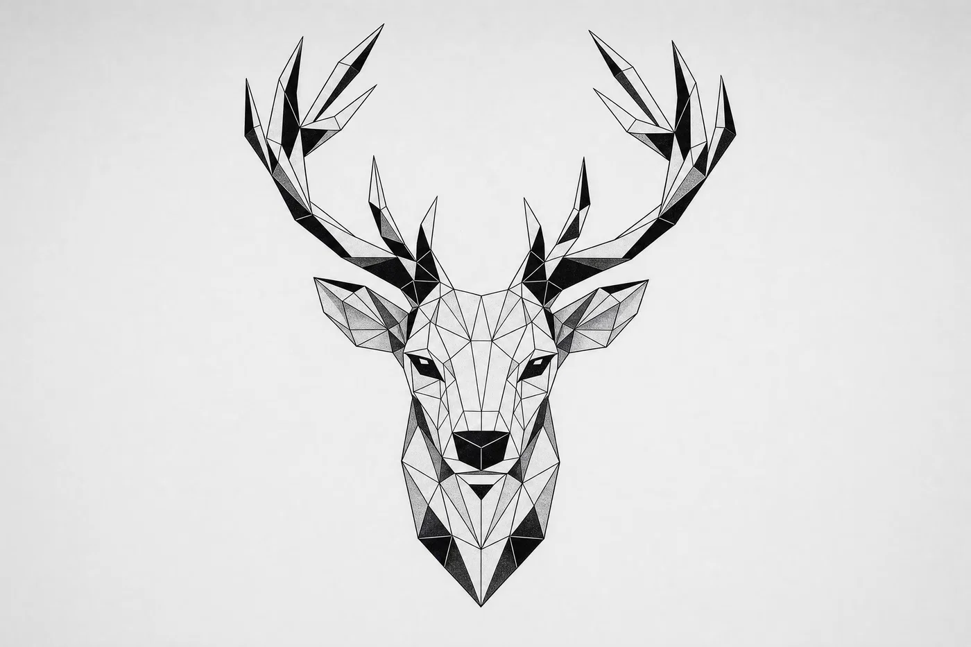 Faceted geometric stag head tattoo layout with black fills on light gray background.