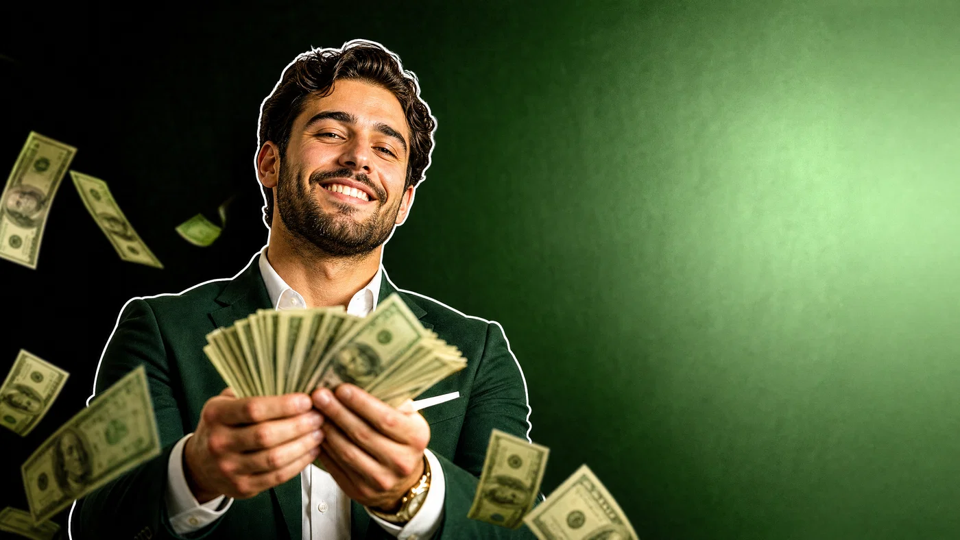 Finance creator fanning cash with floating bills and a clean right-side headline space