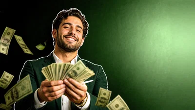 Finance creator fanning cash with floating bills and a clean right-side headline space