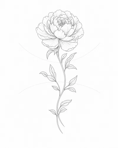 Fine-line peony tattoo design on white flash sheet, forearm wrap guides visible.