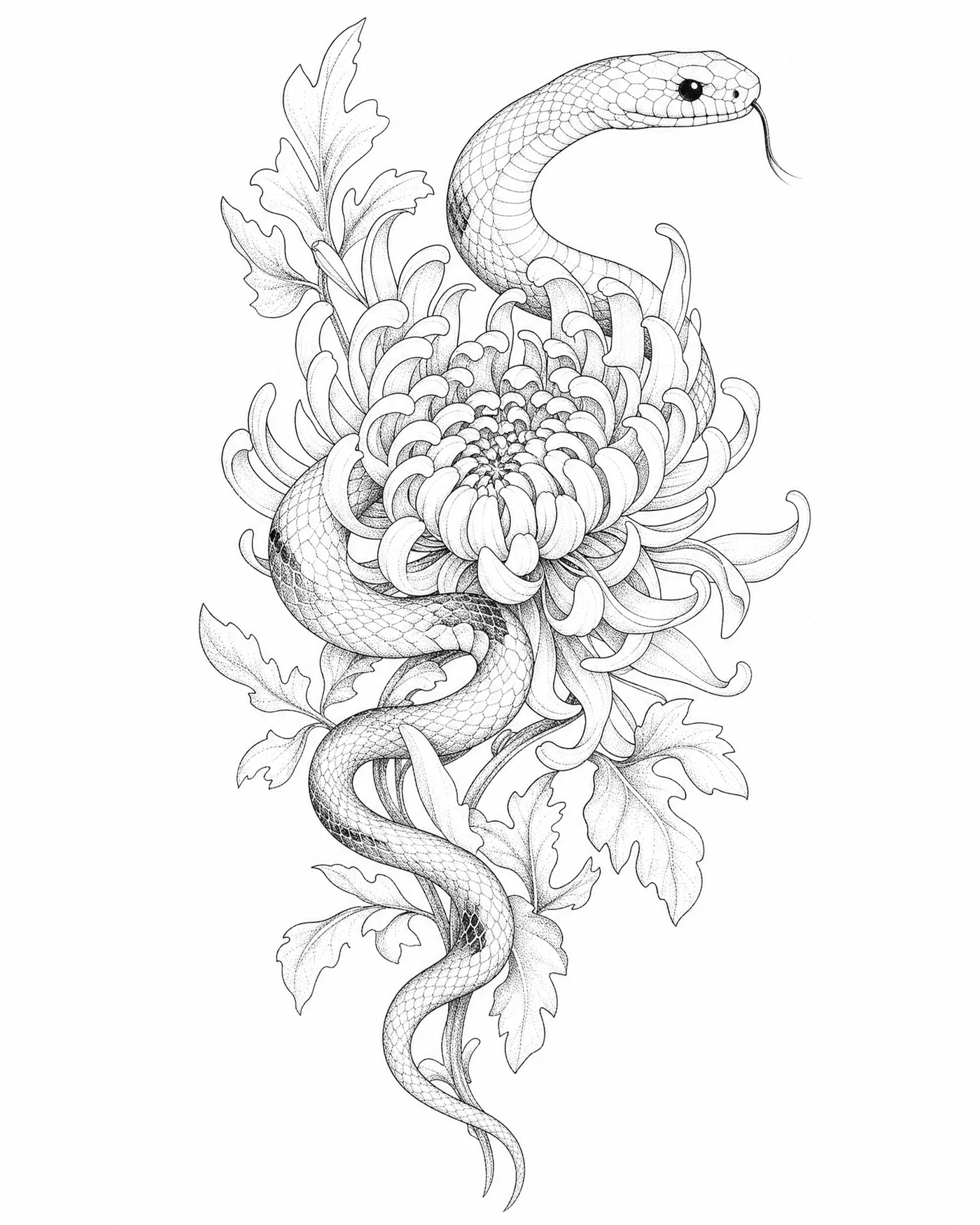 Fine-line snake and chrysanthemum tattoo concept with stipple shading on white.