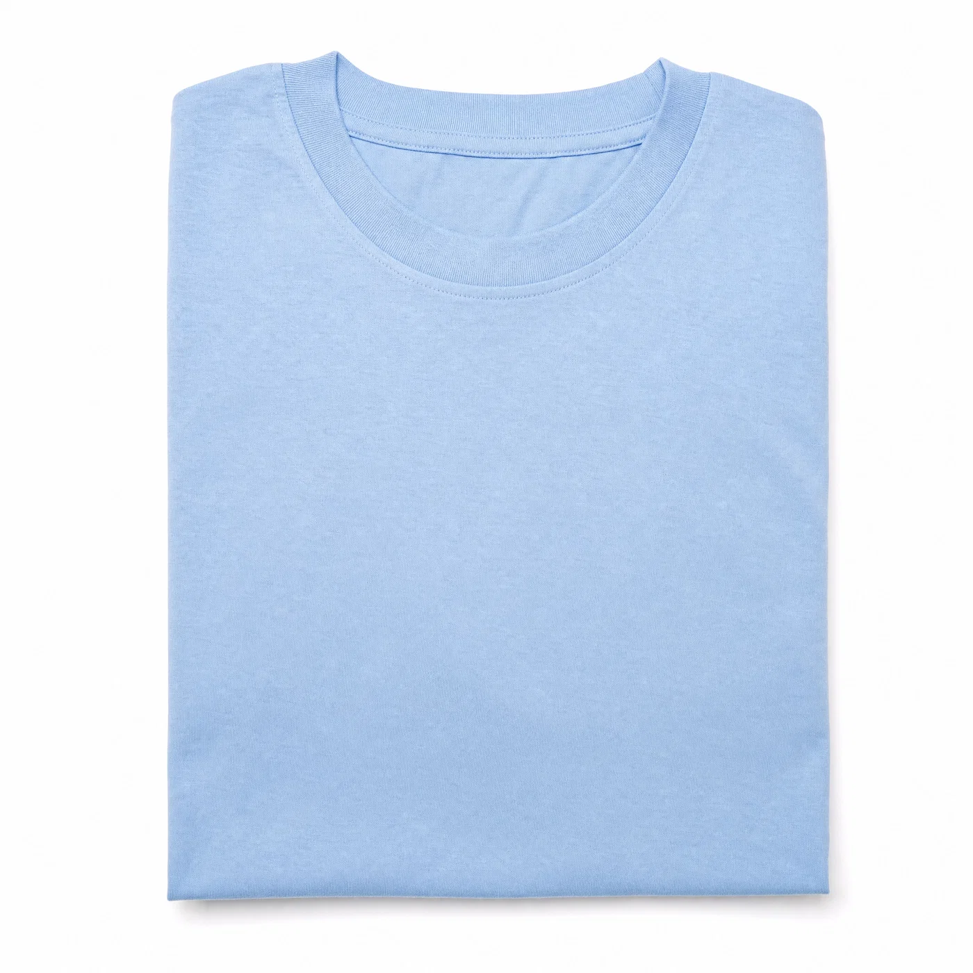 Folded blank T-shirt on white seamless with even overhead softbox lighting and accurate color.