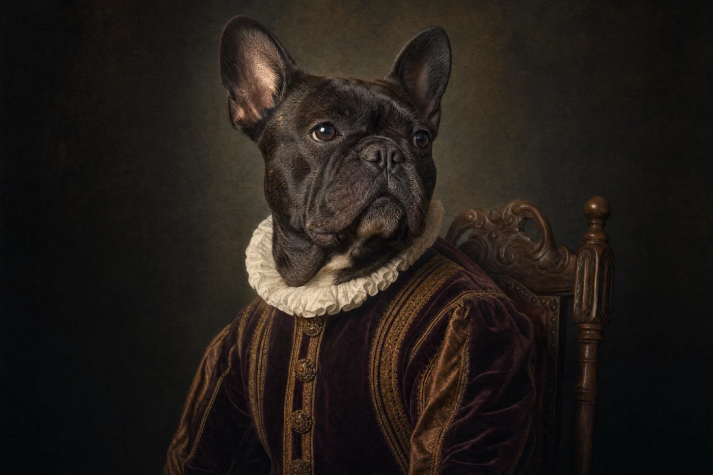 French bulldog in Renaissance costume with soft window key and dramatic chiaroscuro backdrop.