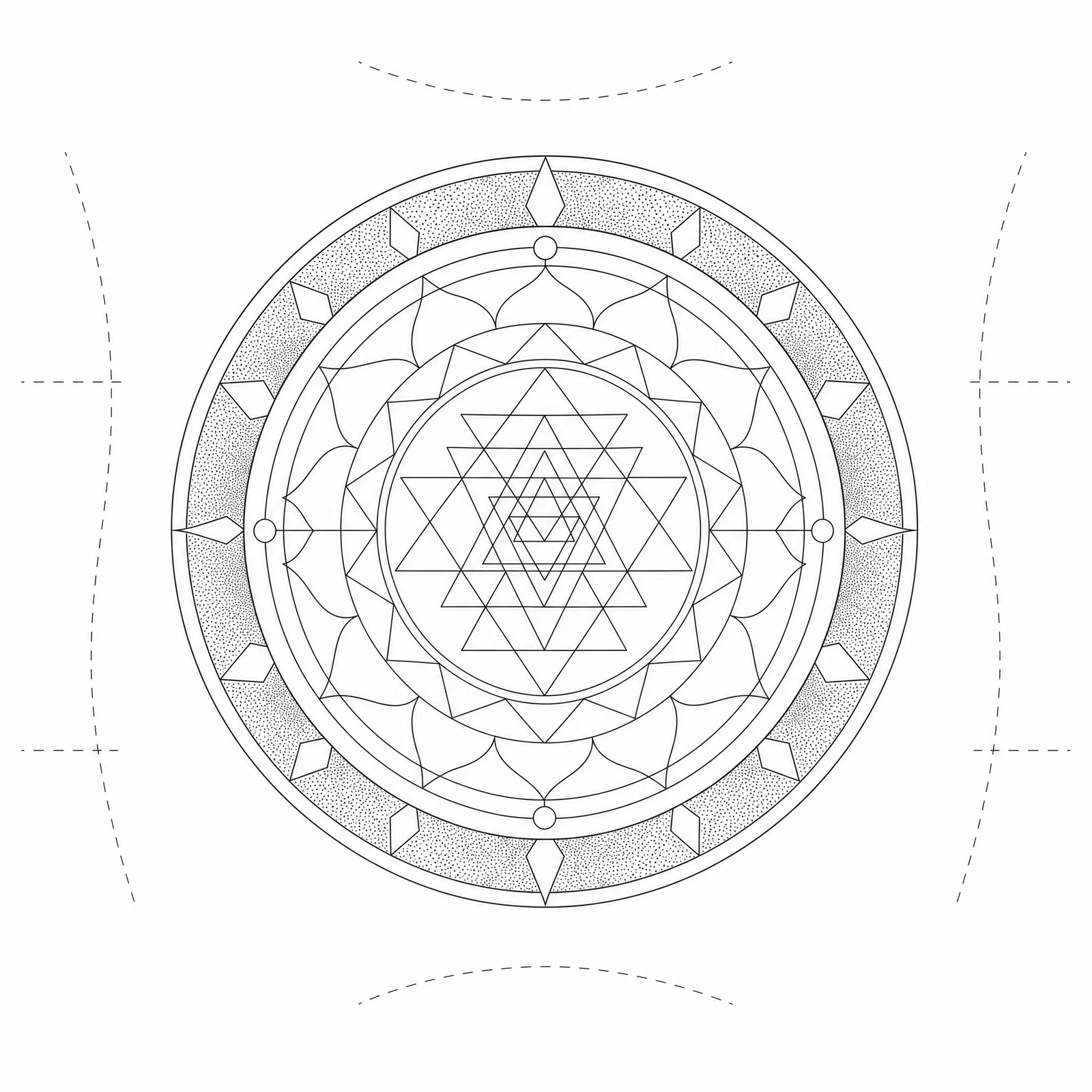 Geometric mandala forearm tattoo stencil with dotwork ring shading on white background.