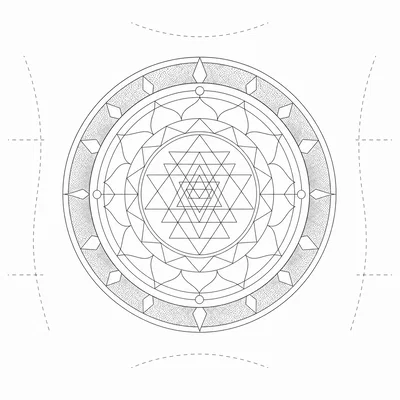 Geometric mandala forearm tattoo stencil with dotwork ring shading on white background.