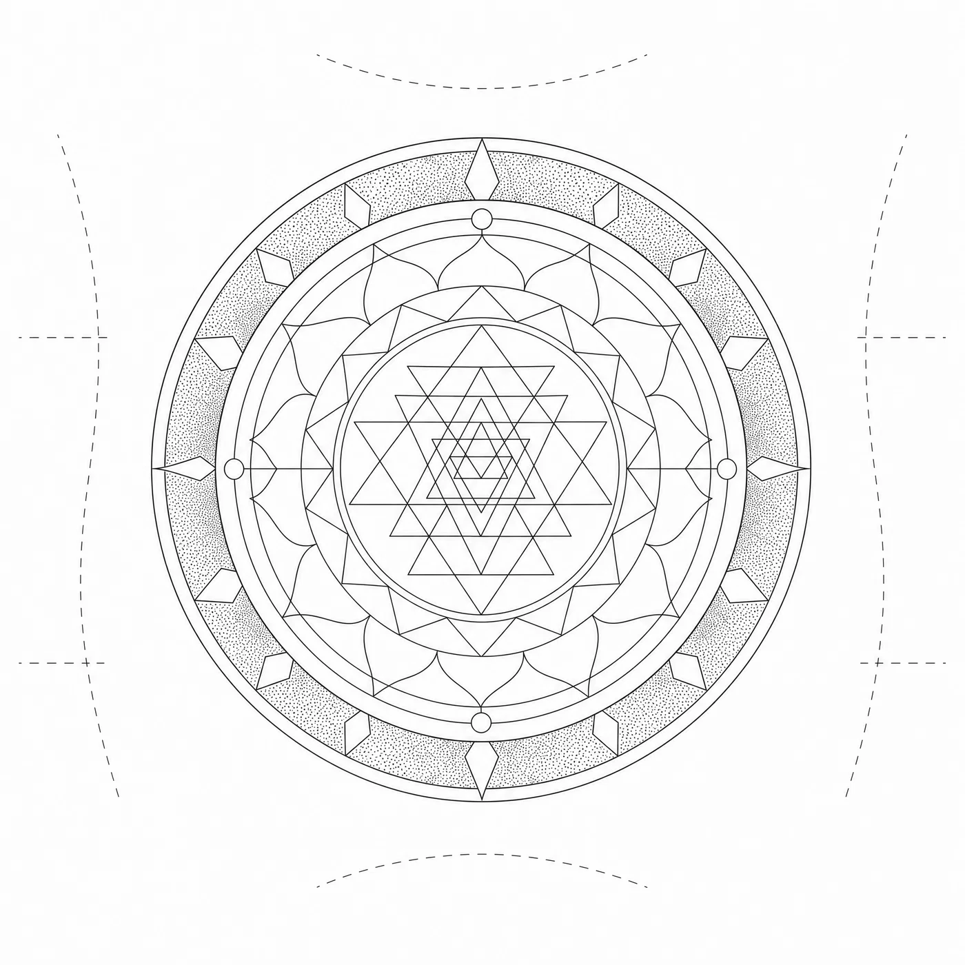 Geometric mandala forearm tattoo stencil with dotwork ring shading on white background.
