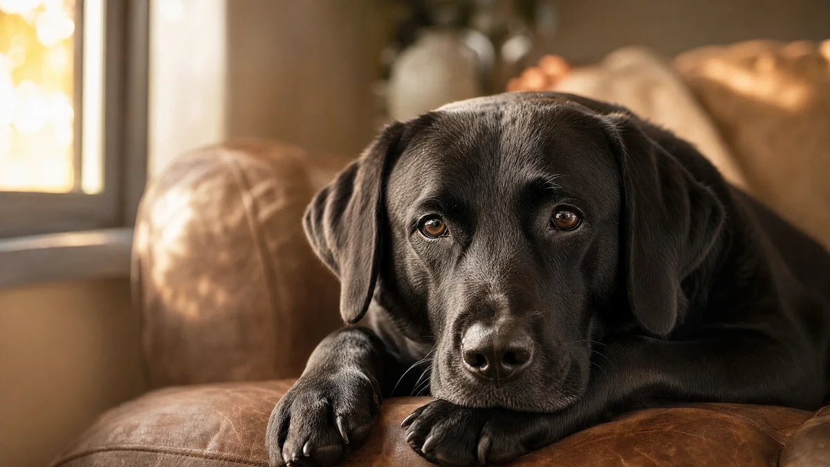 Golden-hour Labrador portrait on couch with soft window key light and catchlights.