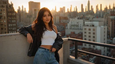 Golden-hour rooftop portrait of a young adult woman with natural skin texture and bokeh.