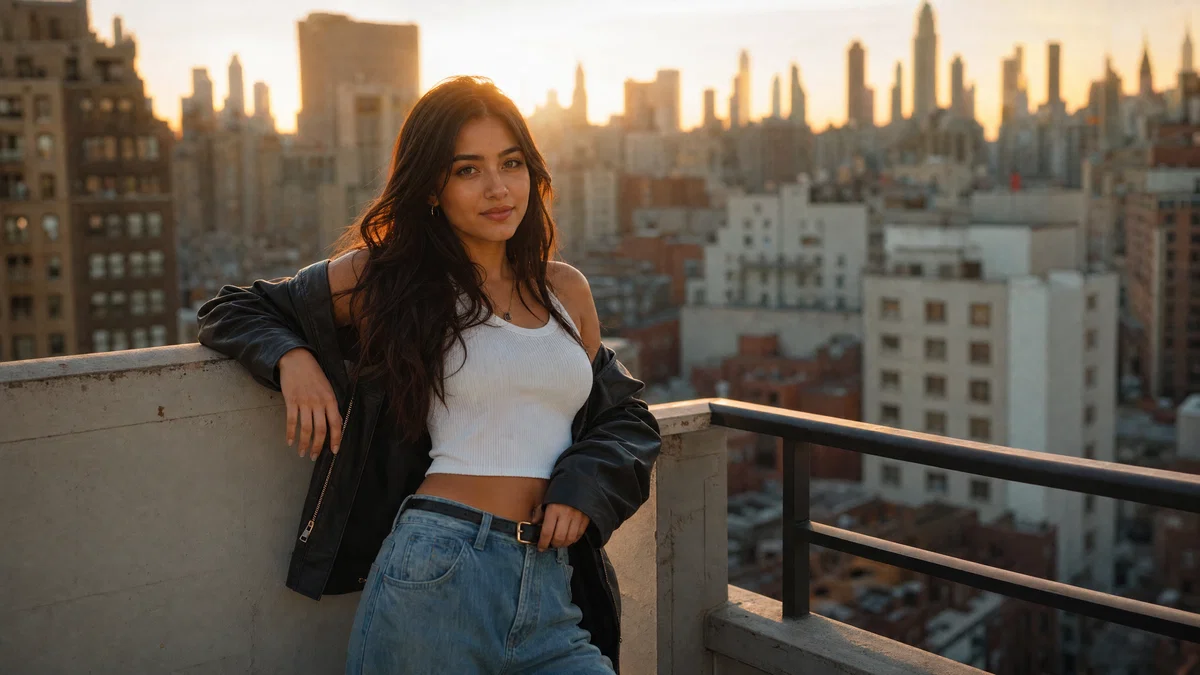 Golden-hour rooftop portrait of a young adult woman with natural skin texture and bokeh.