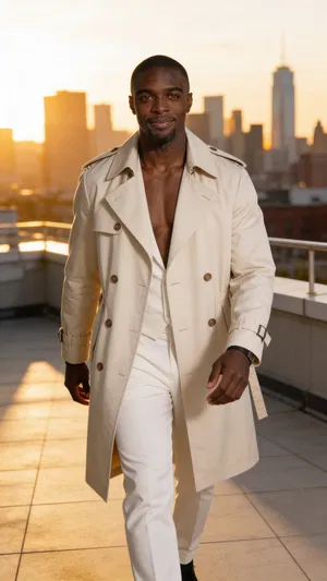 Golden-hour rooftop walk with modern editorial glamour styling