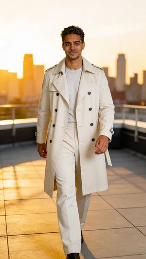 Golden-hour rooftop walk with modern editorial glamour styling