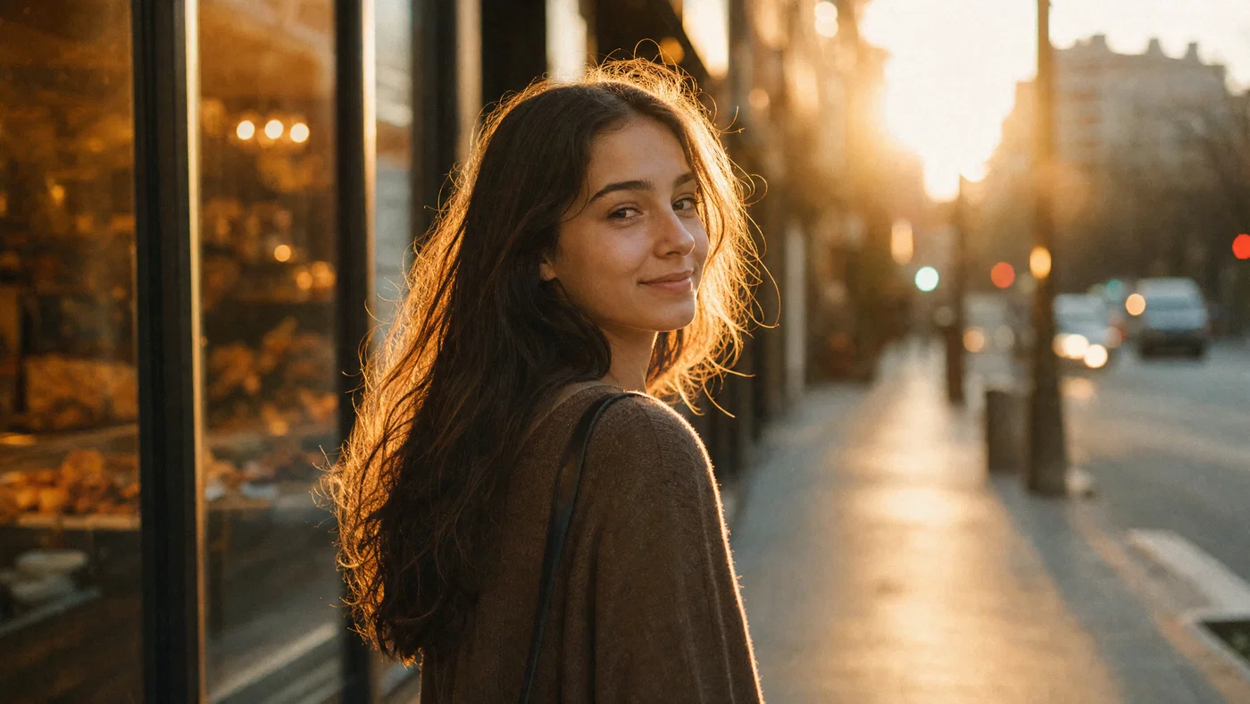 Golden-hour street portrait of a young adult woman with backlit hair and city bokeh.
