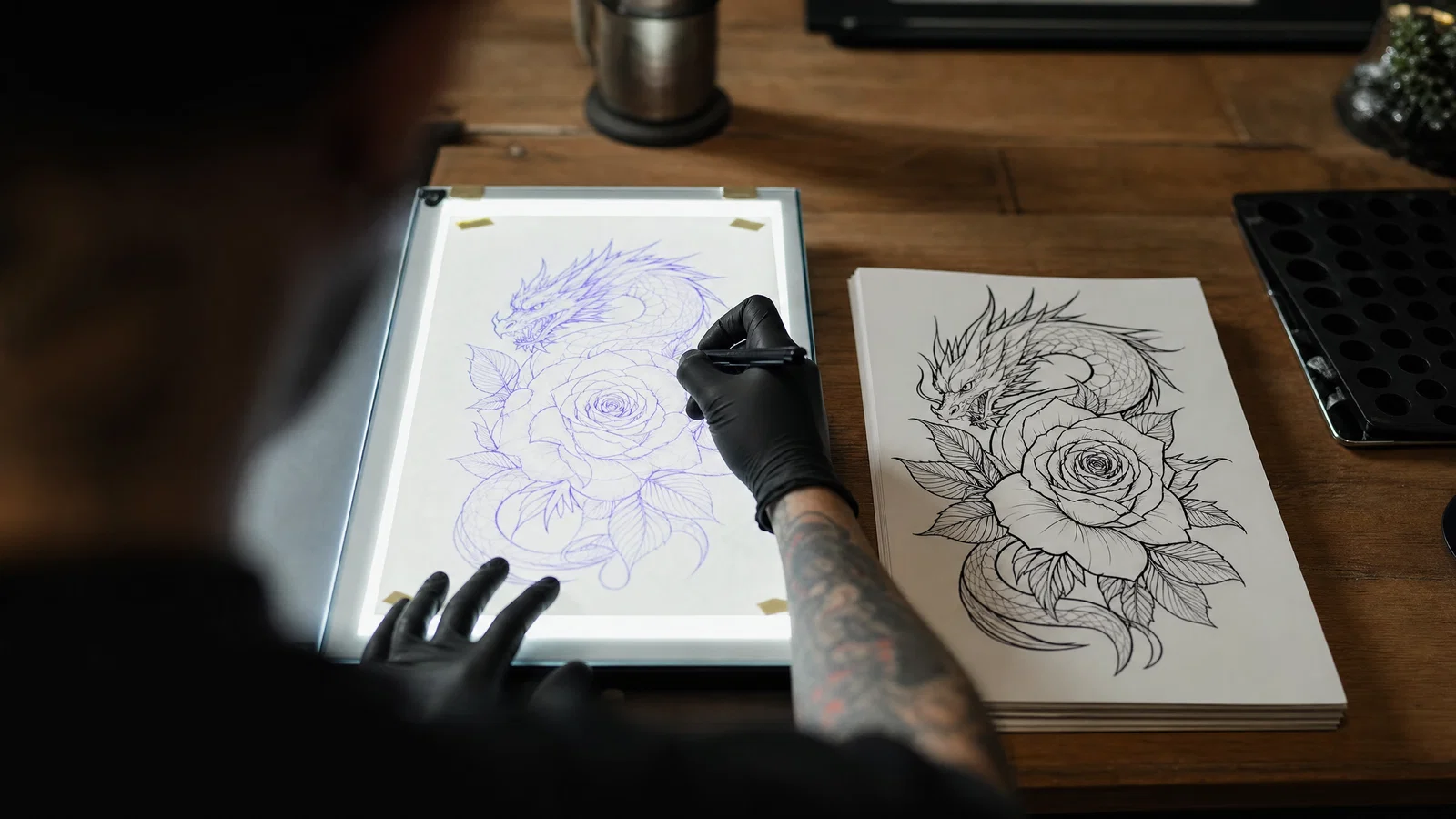 Hand tracing a tattoo stencil on a light table beside clean flash sketches.