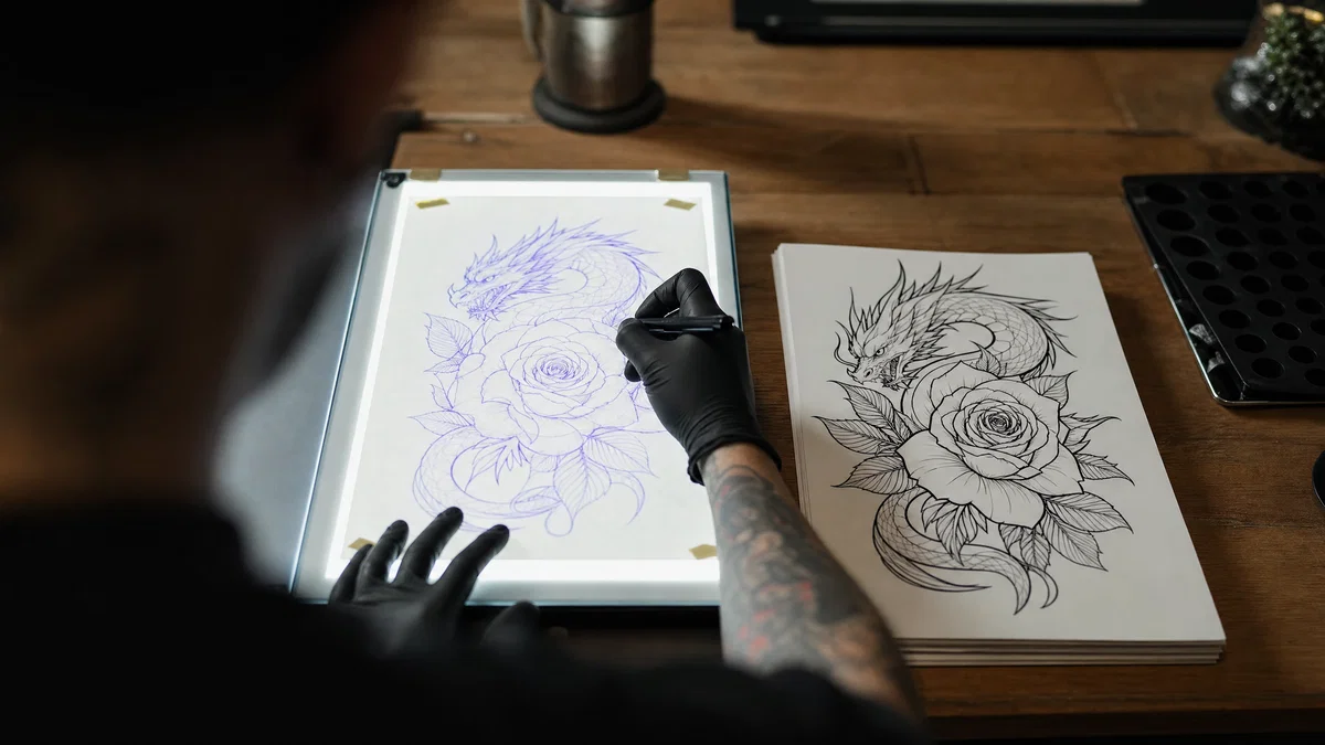 Hand tracing a tattoo stencil on a light table beside clean flash sketches.