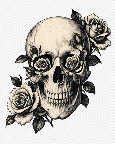 High-contrast skull with roses in two colors, bold ink linework on transparent background.
