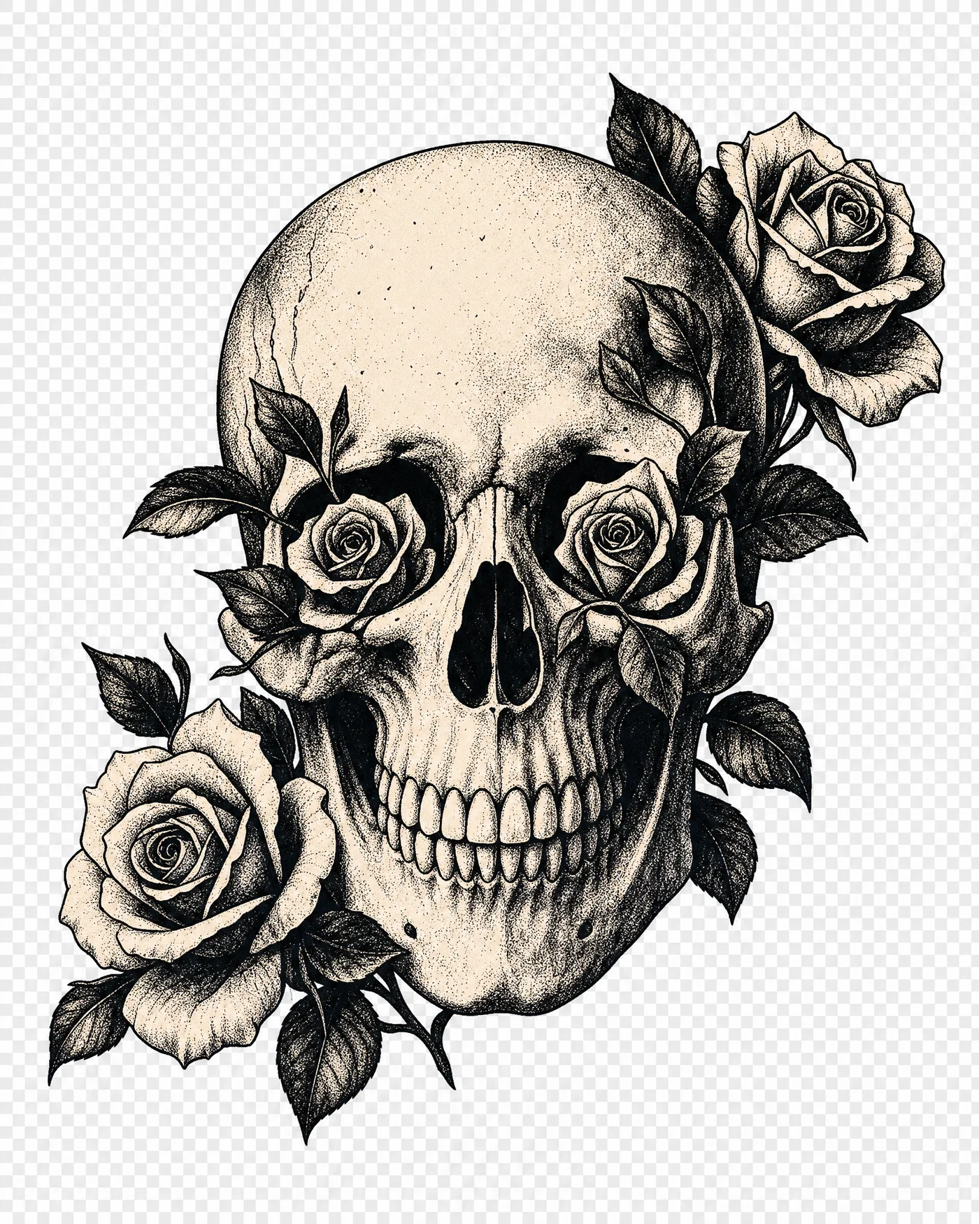 High-contrast skull with roses in two colors, bold ink linework on transparent background.