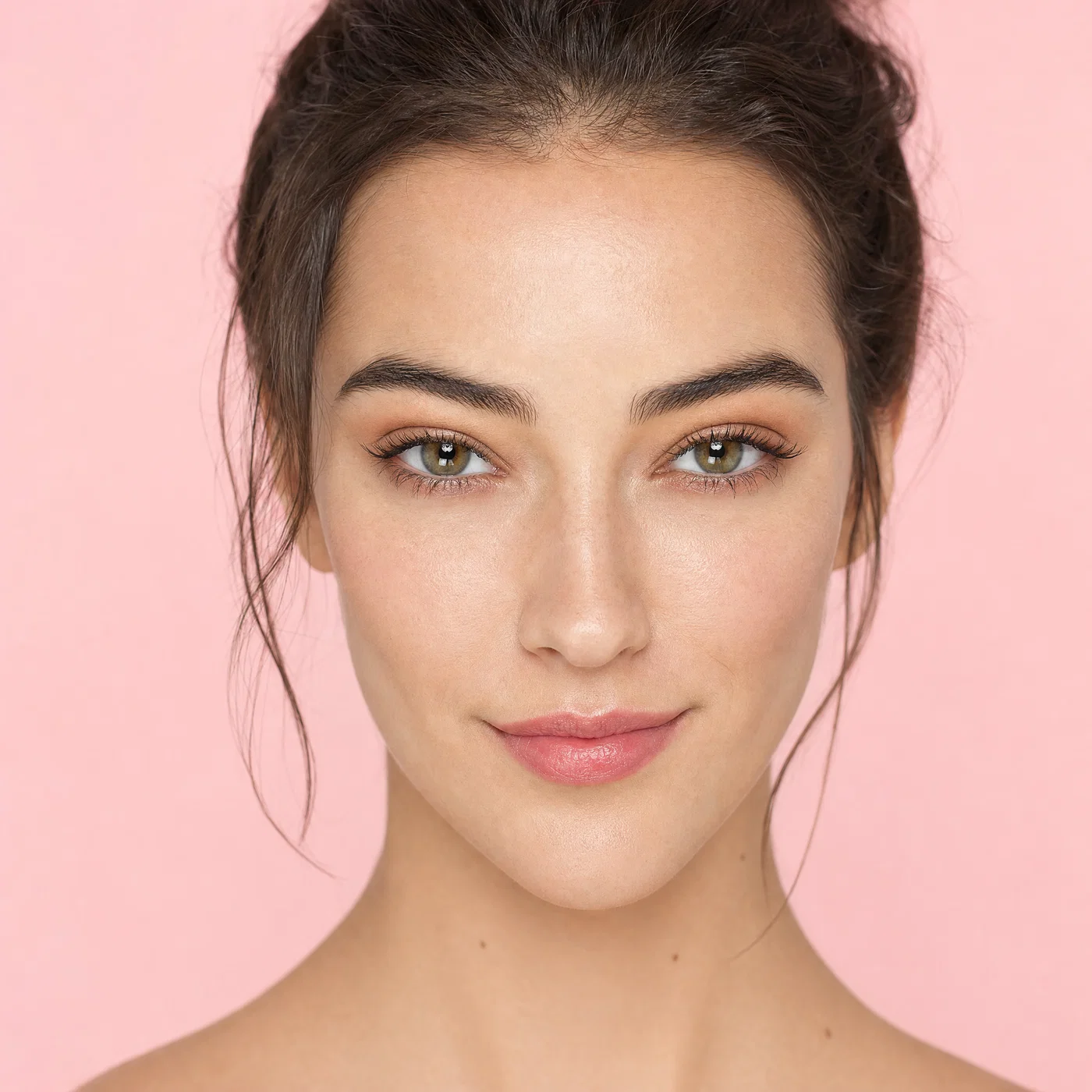High-key beauty close-up with clamshell lighting, crisp catchlights, and pastel background.
