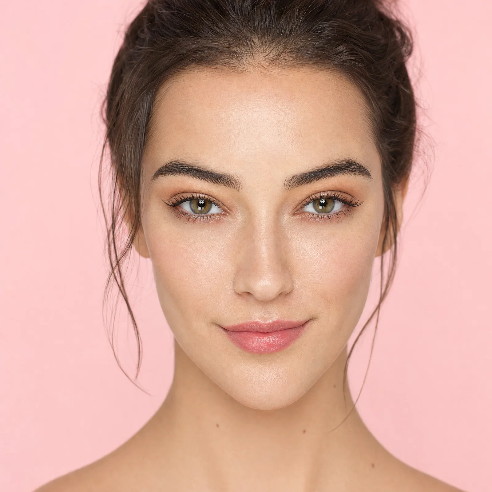 High-key beauty close-up with clamshell lighting, crisp catchlights, and pastel background.