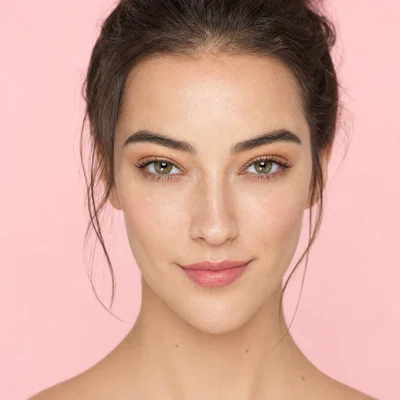 High-key beauty close-up with clamshell lighting, crisp catchlights, and pastel background.