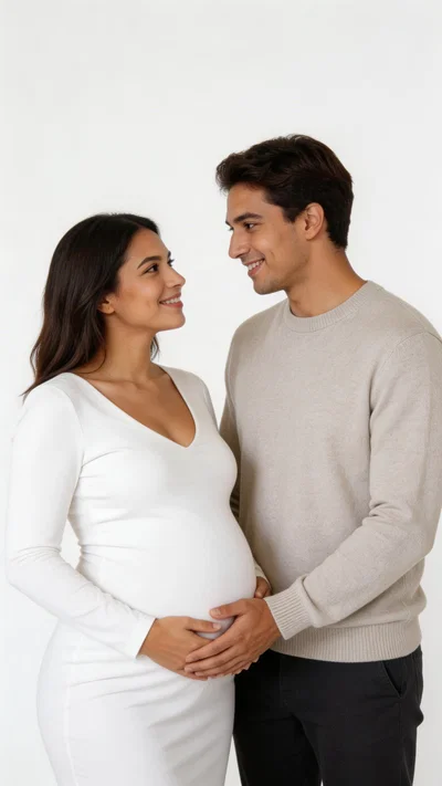 Hispanic couple studio maternity portrait looking at each other