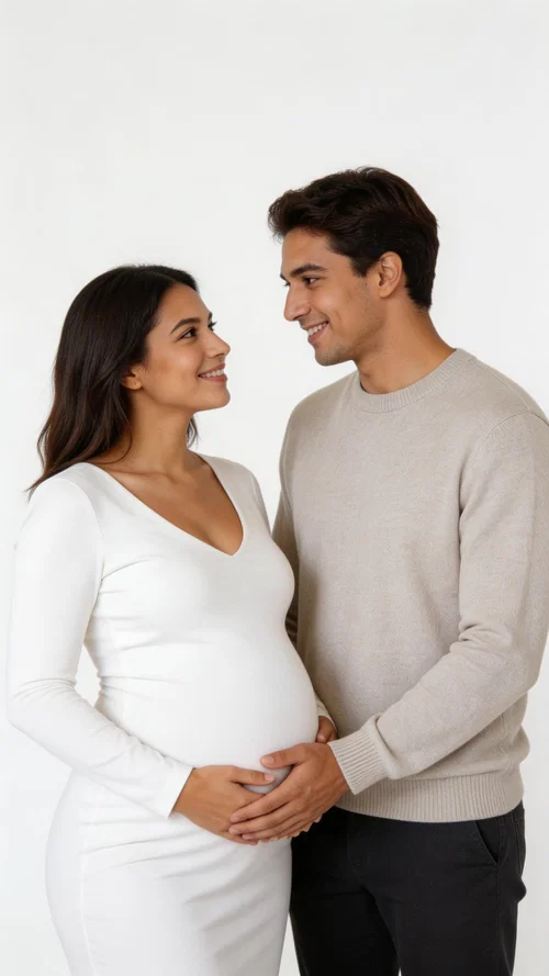 Hispanic couple studio maternity portrait looking at each other