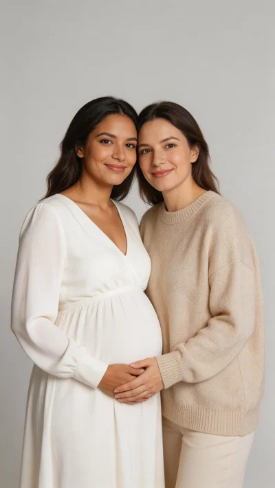 Hispanic couple studio maternity portrait with hands on belly