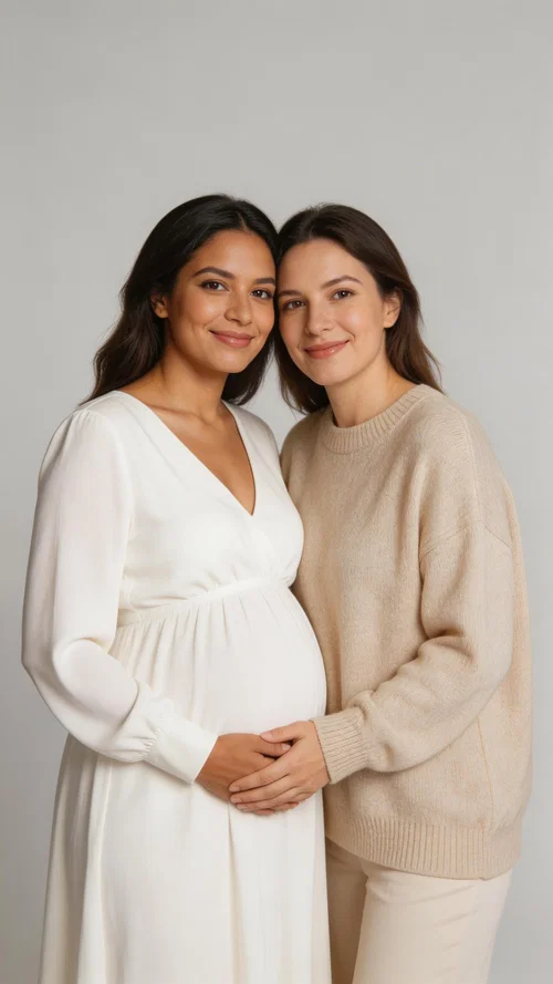 Hispanic couple studio maternity portrait with hands on belly