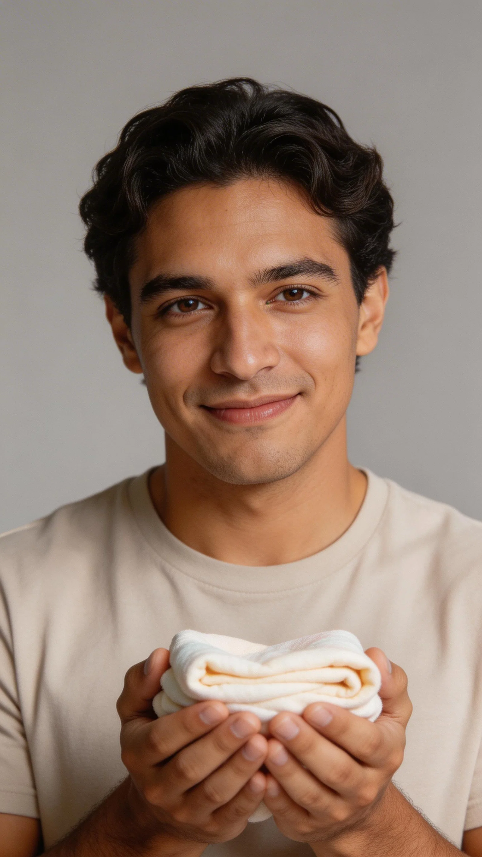 Hispanic expectant father holding a baby blanket in a studio portrait