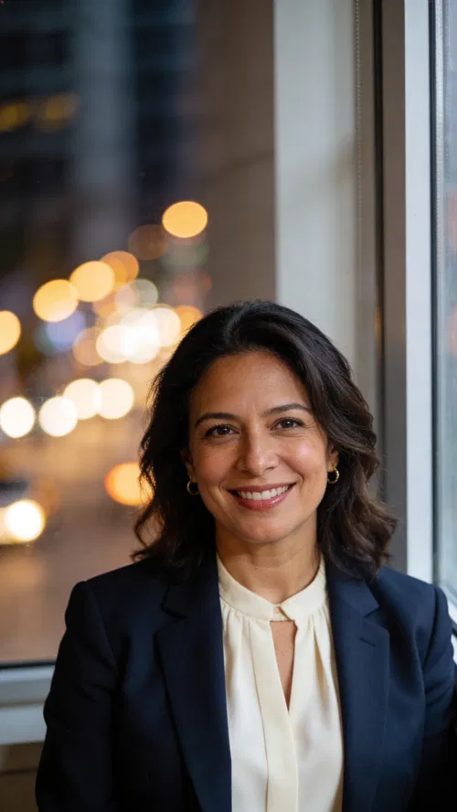 Hispanic female attorney headshot by window with city bokeh, warm professional smile