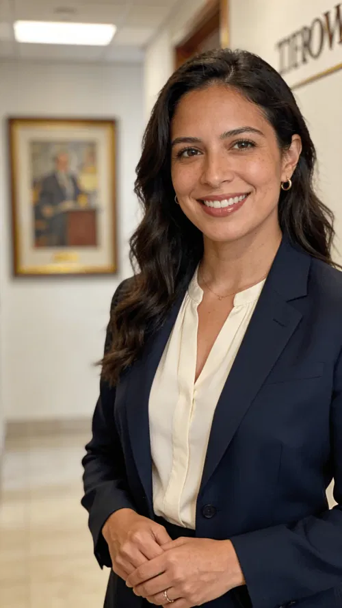 Hispanic female lawyer three-quarter portrait in clean office hallway, welcoming smile