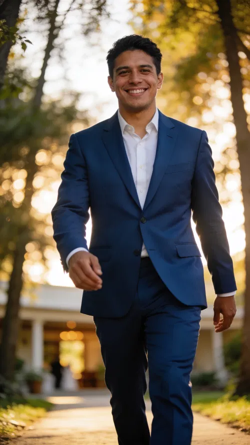 Hispanic groom in blue suit walking outdoors toward camera