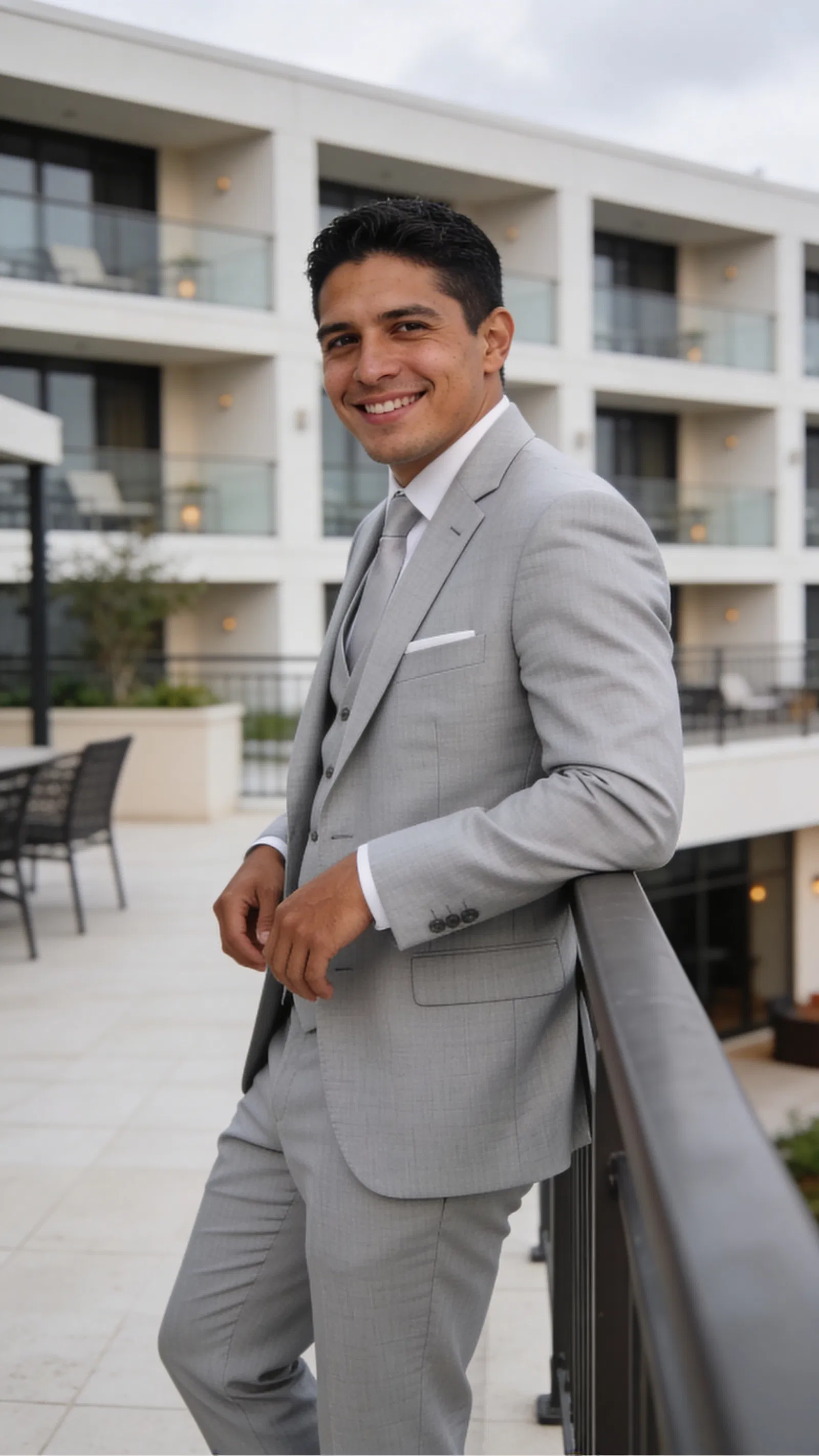 Hispanic groom in light gray suit leaning on terrace railing