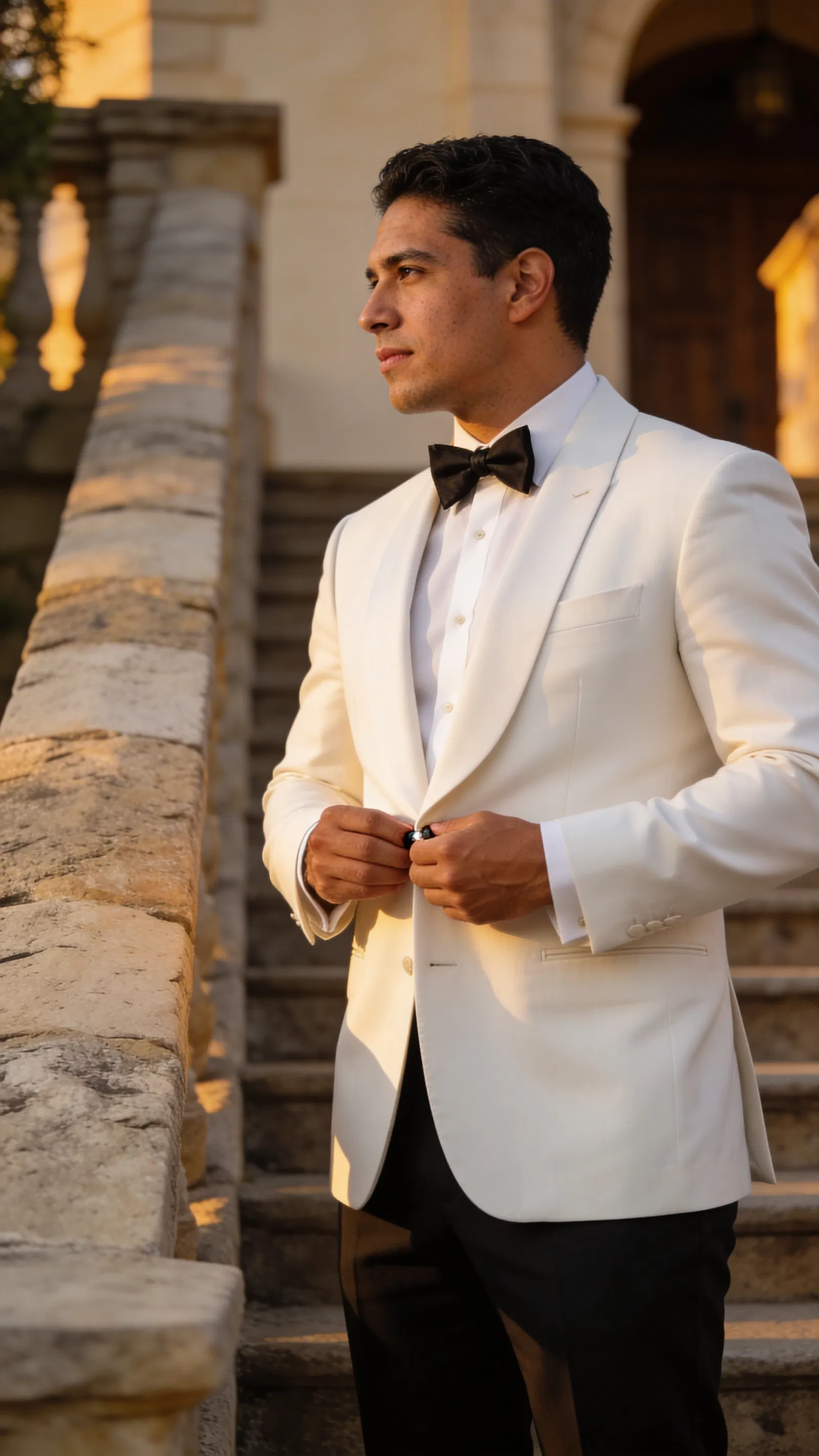 Hispanic groom in tux straightening jacket on stone staircase