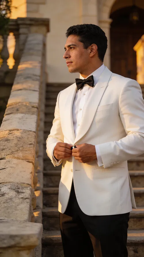 Hispanic groom in tux straightening jacket on stone staircase