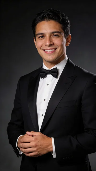 Hispanic groom tuxedo half-body studio portrait with hands clasped