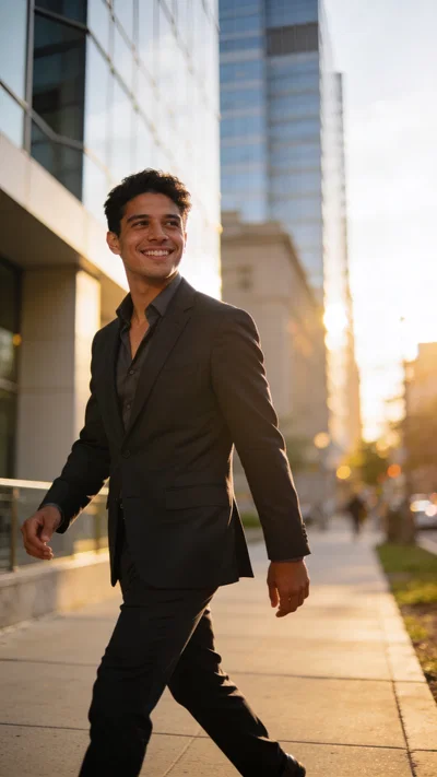 Hispanic male attorney half-body lifestyle portrait walking in city at golden hour