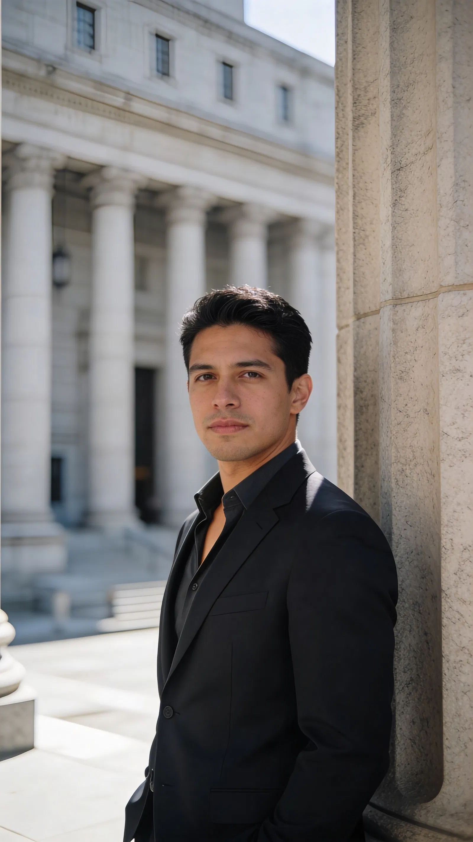 Hispanic male attorney headshot near courthouse columns, composed expression