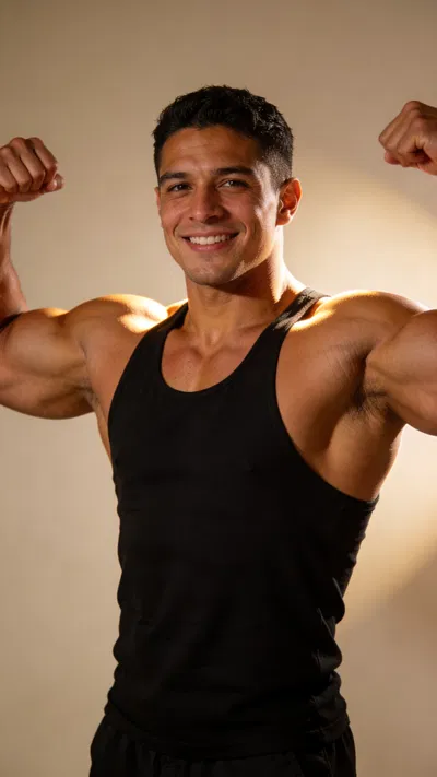 Hispanic male bodybuilder half-body studio portrait emphasizing lats and chest with beauty lighting