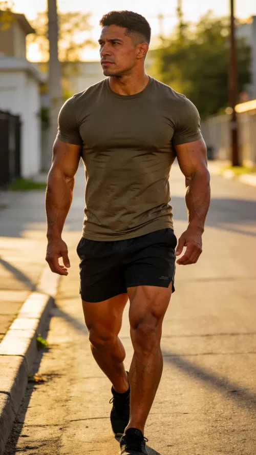 Hispanic male bodybuilder walking at golden hour, 3/4 body physique photo
