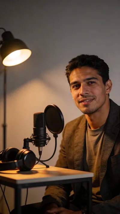 Hispanic man at podcast desk, approachable promo portrait for social media content