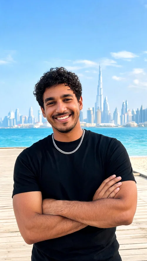 Hispanic man beach boardwalk portrait with Dubai skyline in distance