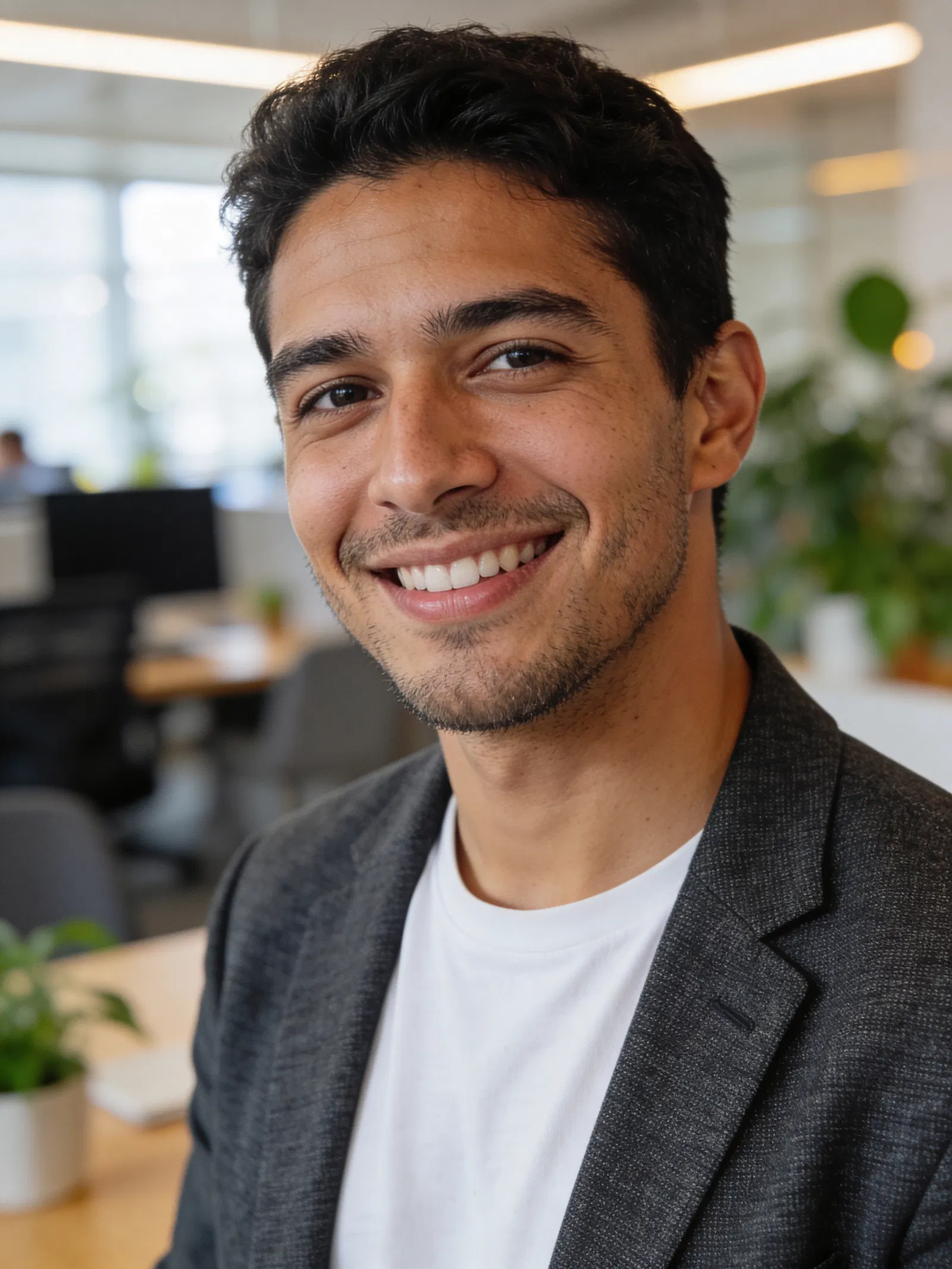Hispanic man coworking half-body headshot, modern professional vibe